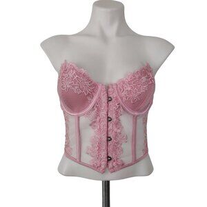 Pink Strapless Floral Lace Sweetheart Neck Lace Up Bustier Corset Crop Top